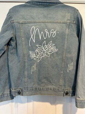 Denim Jean Jacket with 'Mrs.' Floral Back Graphic - Light Blue